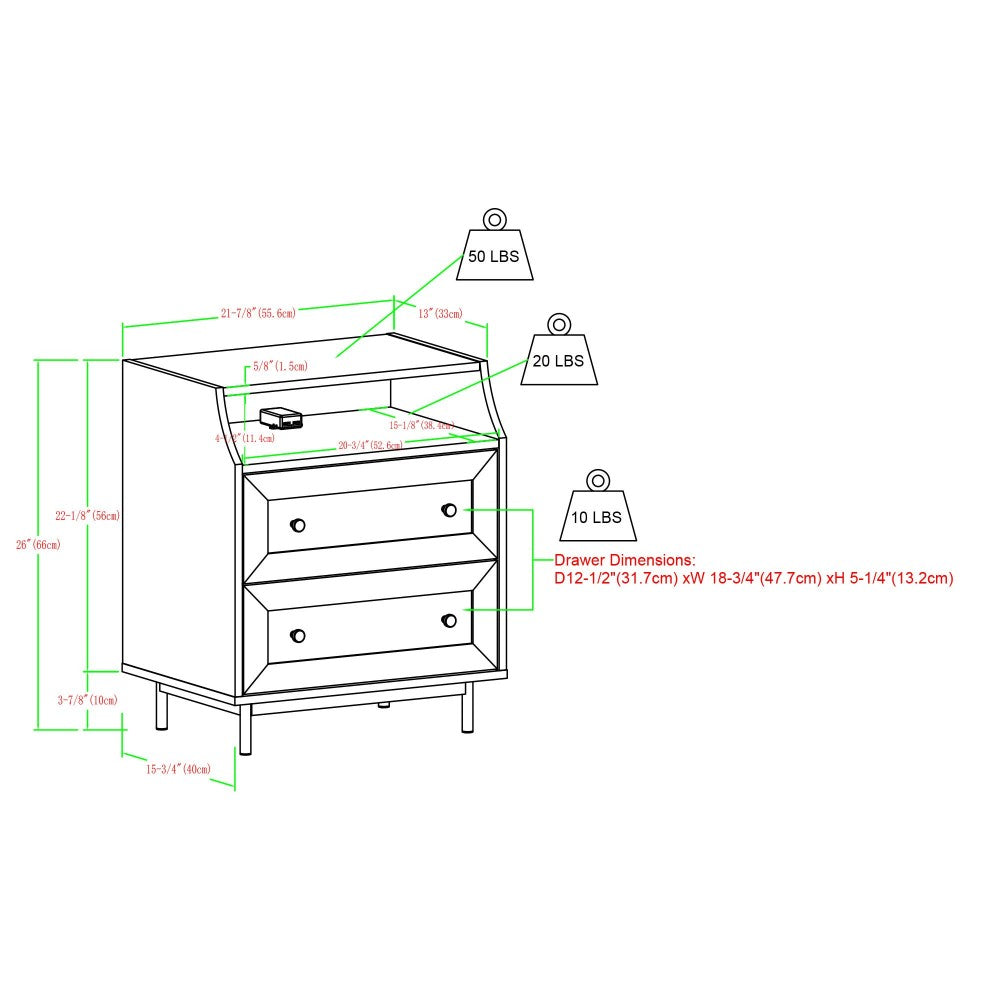 2 Drawer Nightstand with USB, Set of 2 - Birch