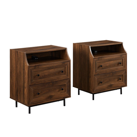 2 Drawer Nightstand with USB, Set of 2 - Dark Walnut