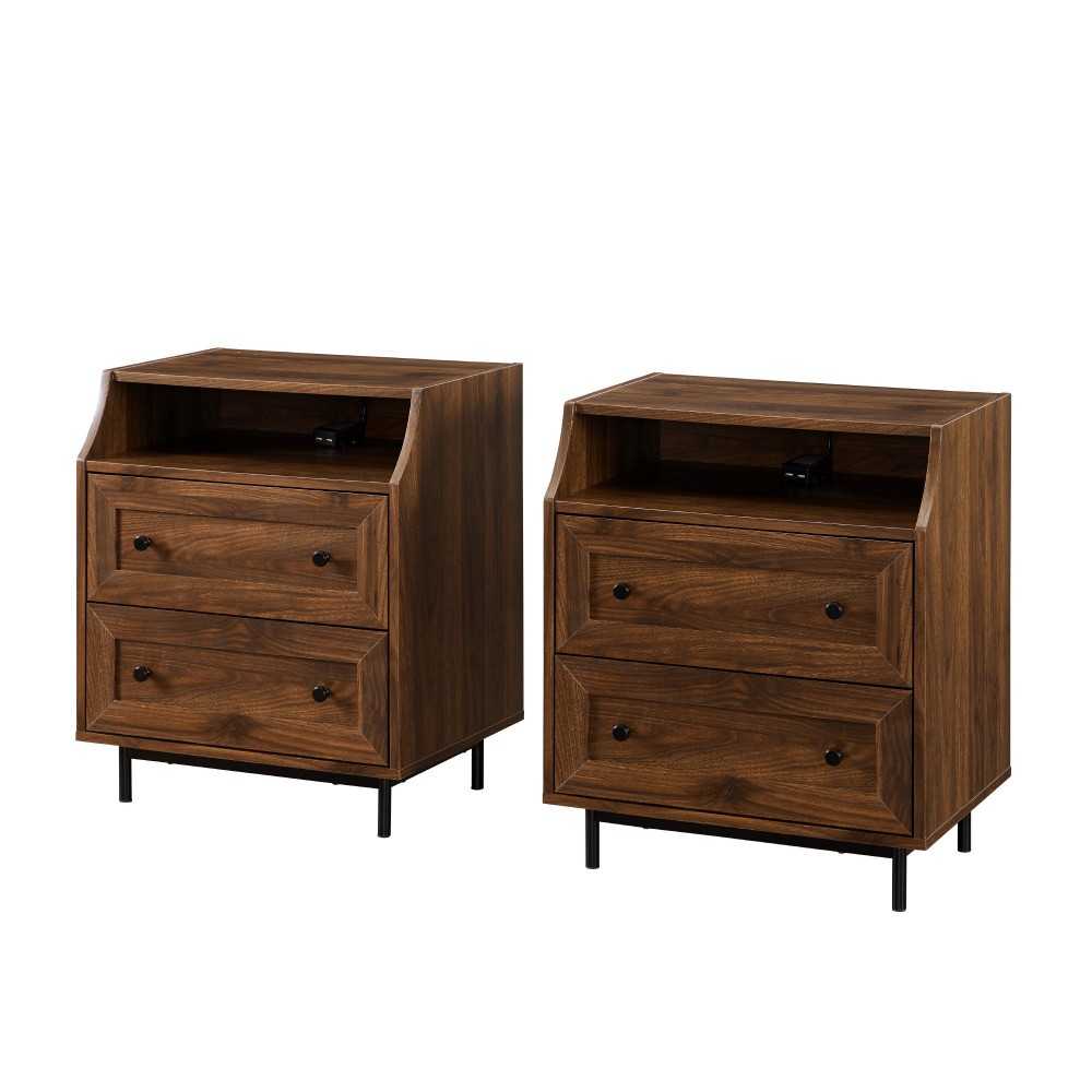 2 Drawer Nightstand with USB, Set of 2 - Dark Walnut