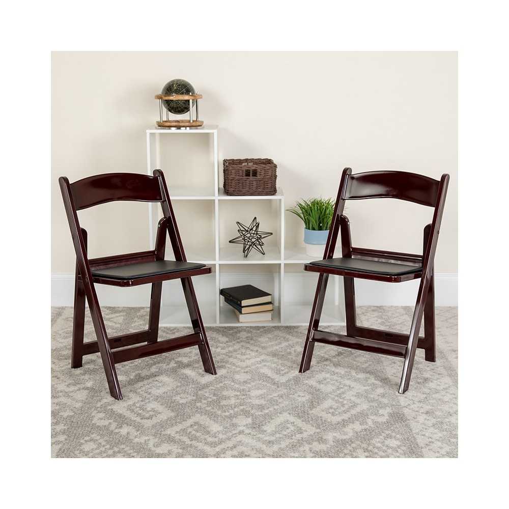 2 Pack 1000 lb. Capacity Red Mahogany Resin Folding Chair with Black Vinyl Padded Seat