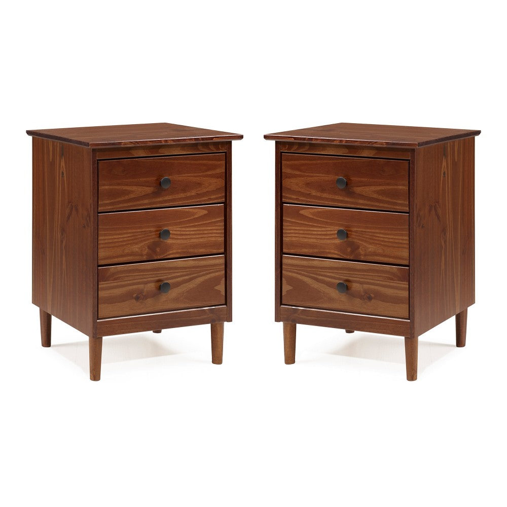 2 Pack 3 Drawer Solid Wood Nightstands- Walnut