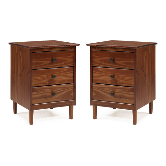 2 Pack 3 Drawer Solid Wood Nightstands- Walnut