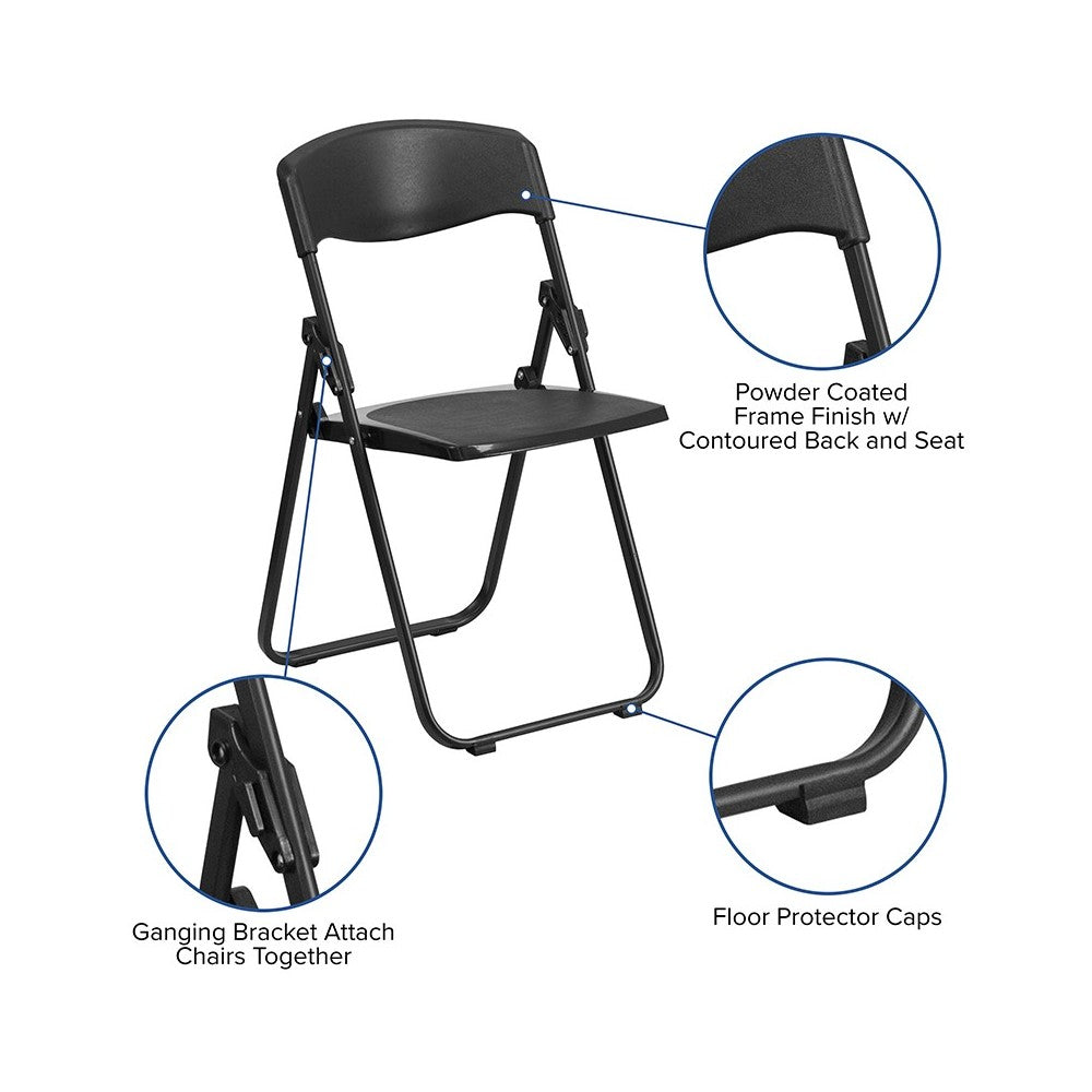 2 Pack 500 lb. Capacity Heavy Duty Black Plastic Folding Chair with Built-in Ganging Brackets