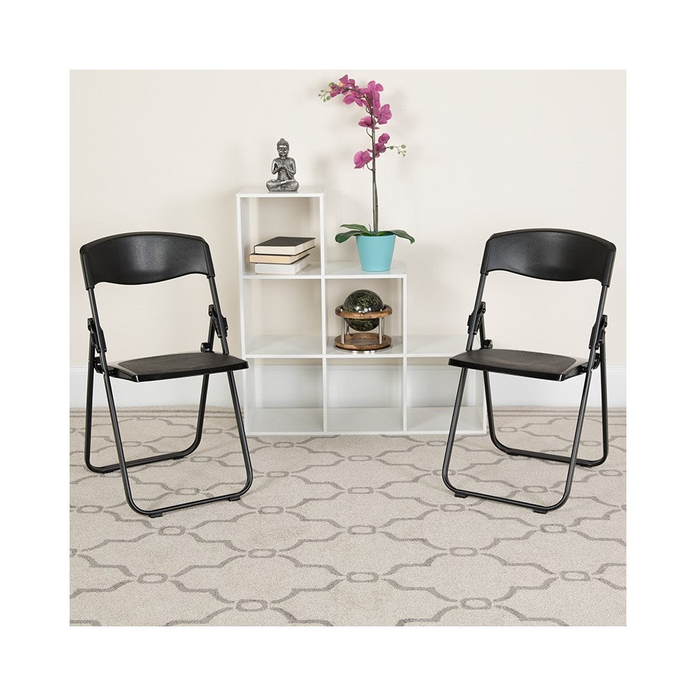 2 Pack 500 lb. Capacity Heavy Duty Black Plastic Folding Chair with Built-in Ganging Brackets