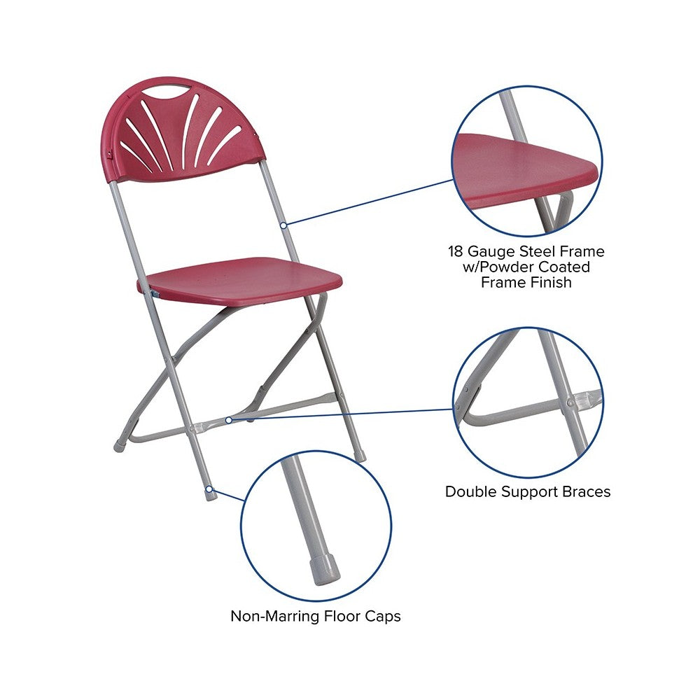 2 Pack 650 lb. Capacity Burgundy Plastic Fan Back Folding Chair