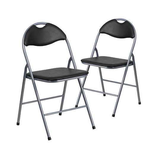 2 Pack Black Vinyl Metal Folding Chair with Carrying Handle