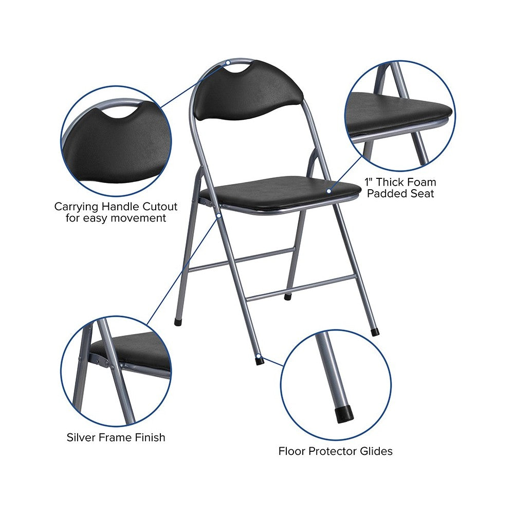 2 Pack Black Vinyl Metal Folding Chair with Carrying Handle