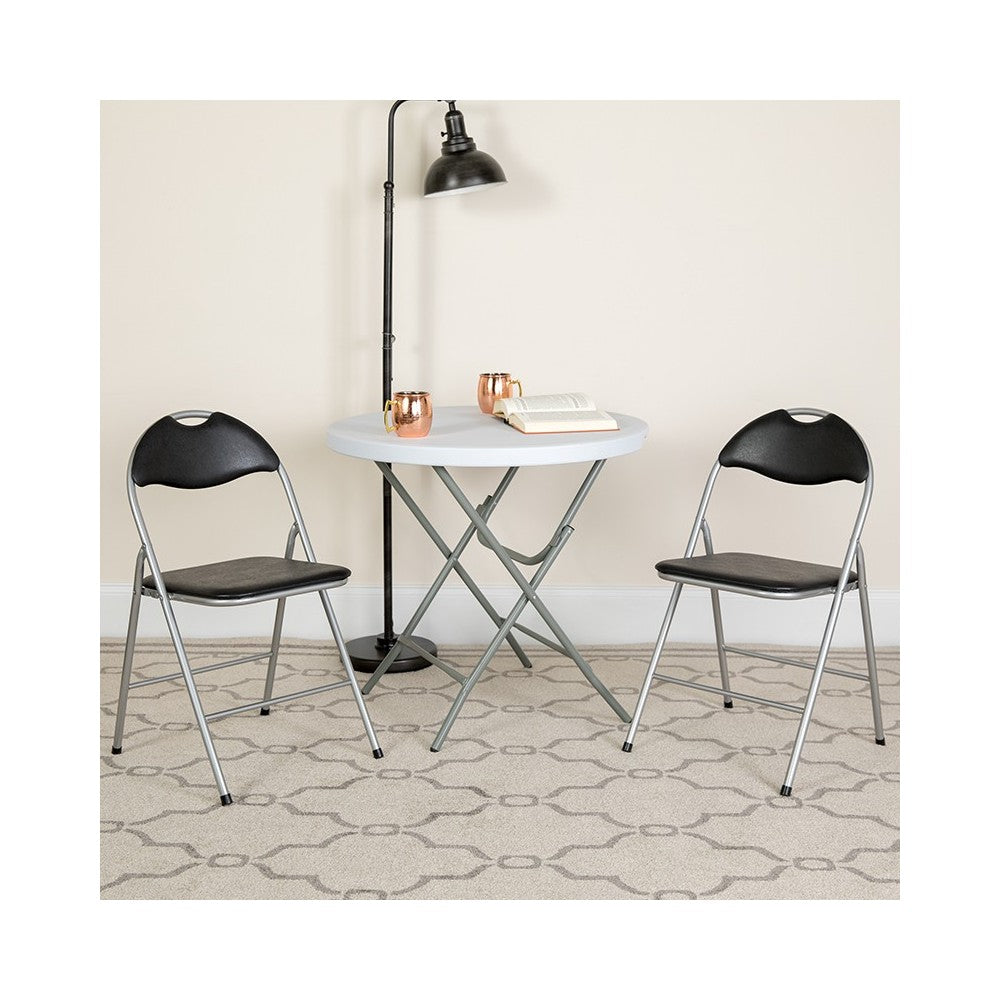 2 Pack Black Vinyl Metal Folding Chair with Carrying Handle