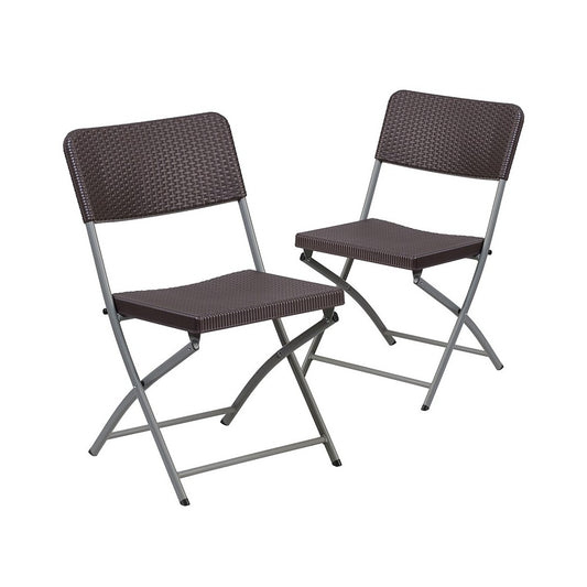 2 Pack Brown Rattan Plastic Folding Chair with Gray Frame