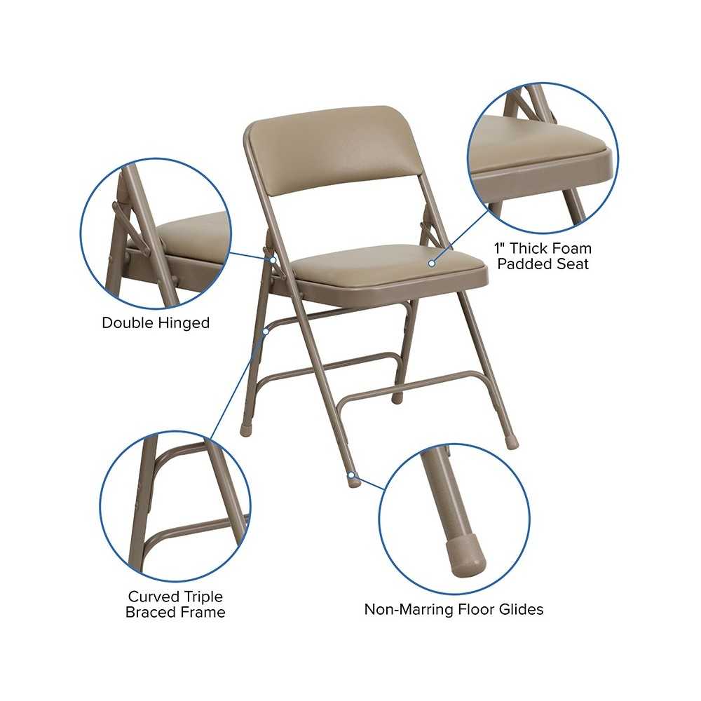 2 Pack Curved Triple Braced & Double Hinged Beige Vinyl Metal Folding Chair