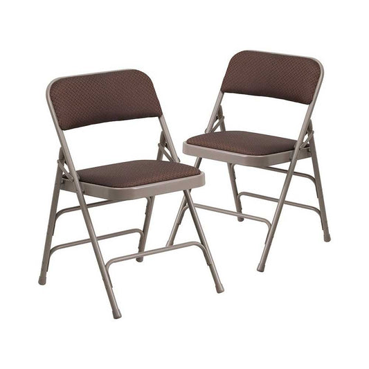 2 Pack Curved Triple Braced & Double Hinged Brown Patterned Fabric Metal Folding Chair