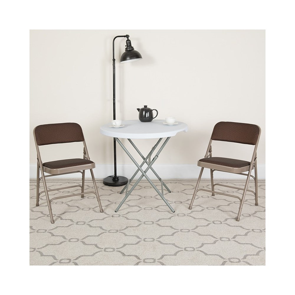 2 Pack Curved Triple Braced & Double Hinged Brown Patterned Fabric Metal Folding Chair