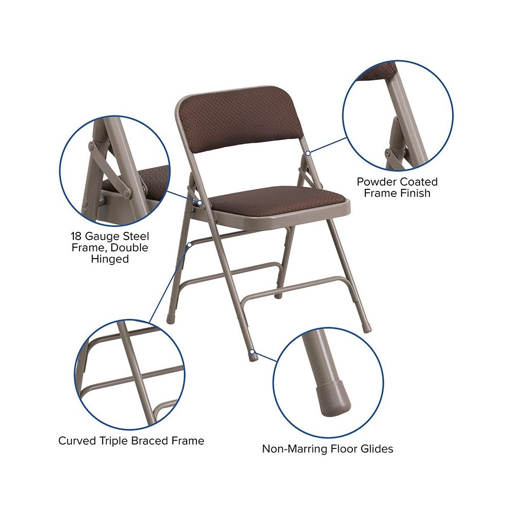 2 Pack Curved Triple Braced & Double Hinged Brown Patterned Fabric Metal Folding Chair
