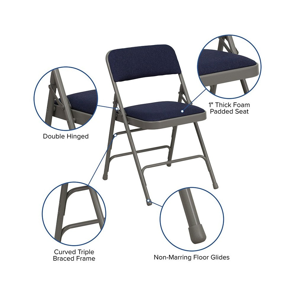 2 Pack Curved Triple Braced & Double Hinged Navy Fabric Metal Folding Chair