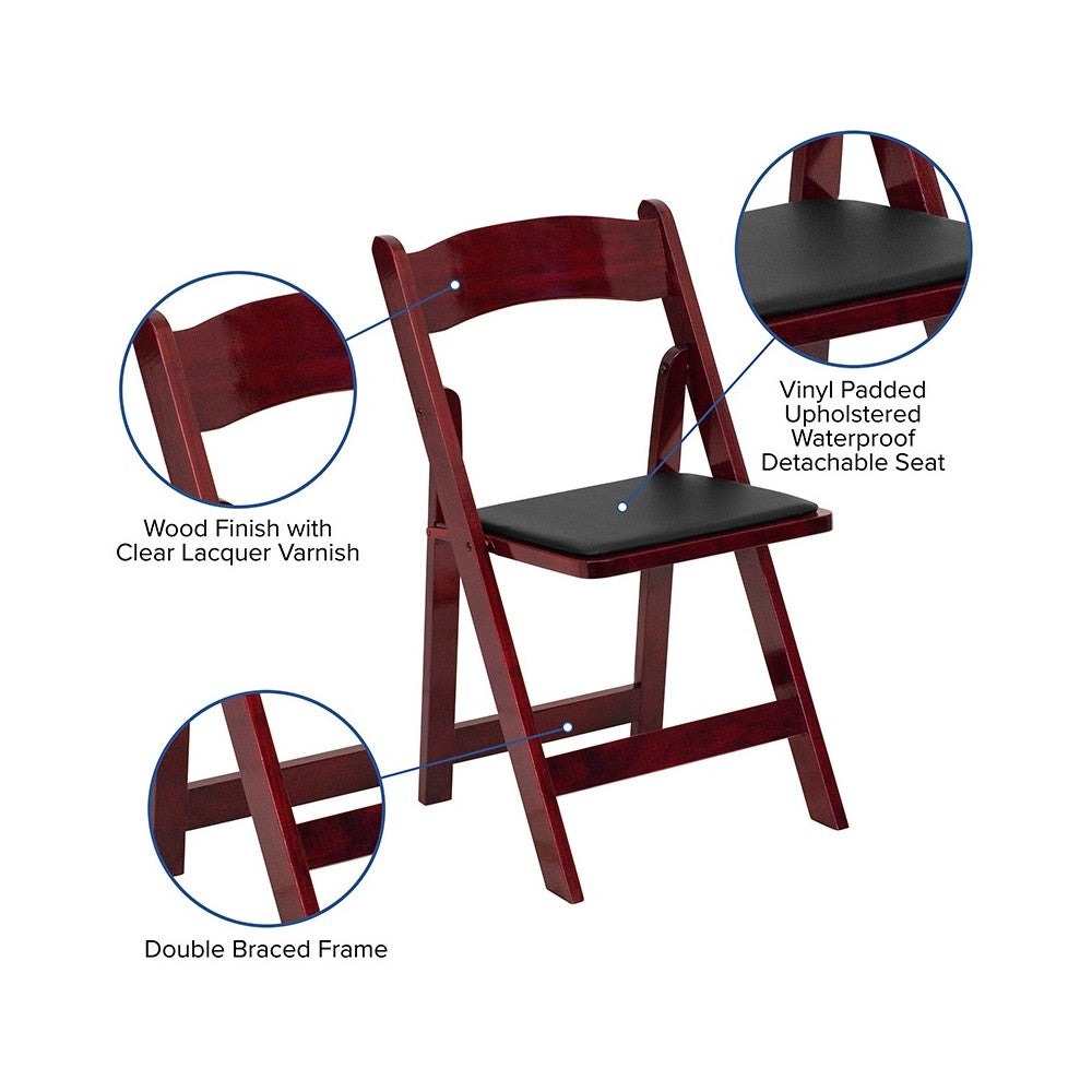2 Pack Mahogany Wood Folding Chair with Vinyl Padded Seat
