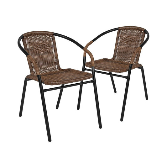 2 Pack Medium Brown Rattan Indoor-Outdoor Restaurant Stack Chair