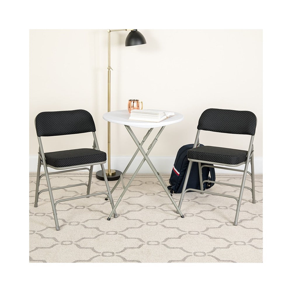 2 Pack Premium Curved Triple Braced & Double Hinged Black Pin-Dot Fabric Metal Folding Chair