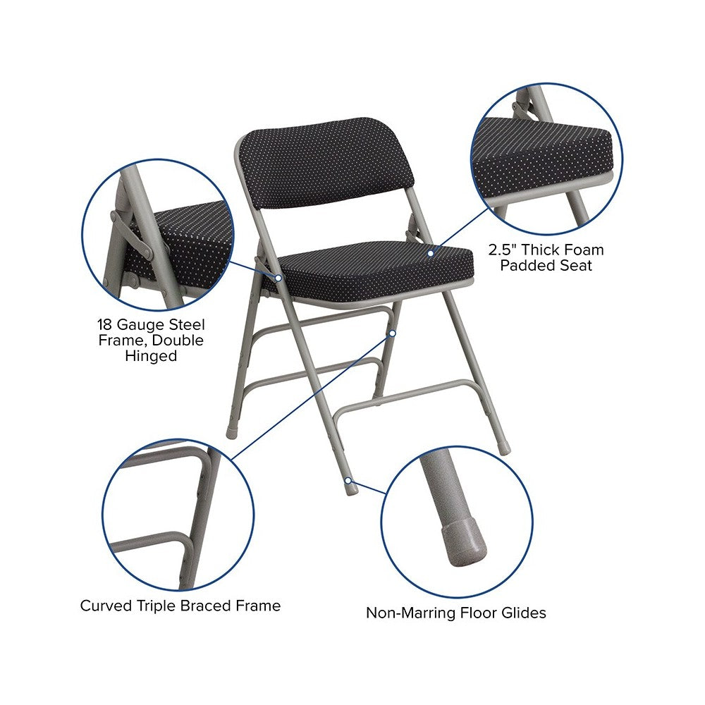 2 Pack Premium Curved Triple Braced & Double Hinged Black Pin-Dot Fabric Metal Folding Chair