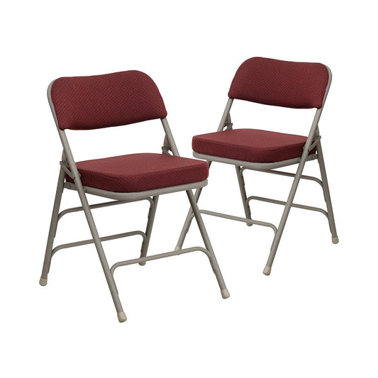 2 Pack Premium Curved Triple Braced & Double Hinged Burgundy Fabric Metal Folding Chair