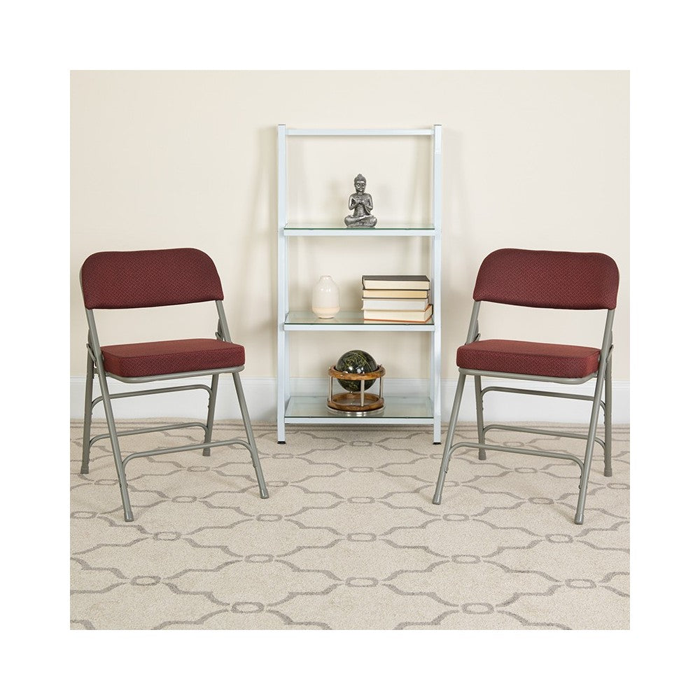 2 Pack Premium Curved Triple Braced & Double Hinged Burgundy Fabric Metal Folding Chair