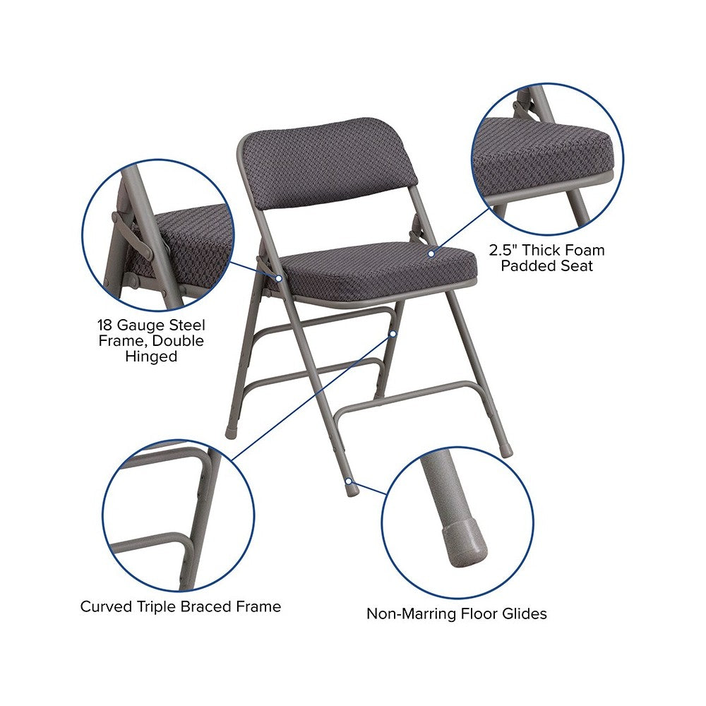 2 Pack Premium Curved Triple Braced & Double Hinged Gray Fabric Metal Folding Chair