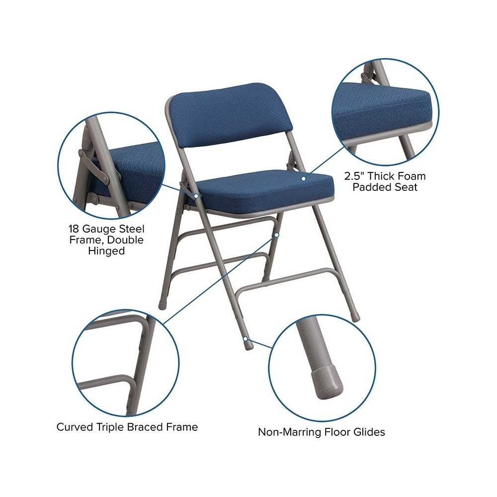 2 Pack Premium Curved Triple Braced & Double Hinged Navy Fabric Metal Folding Chair