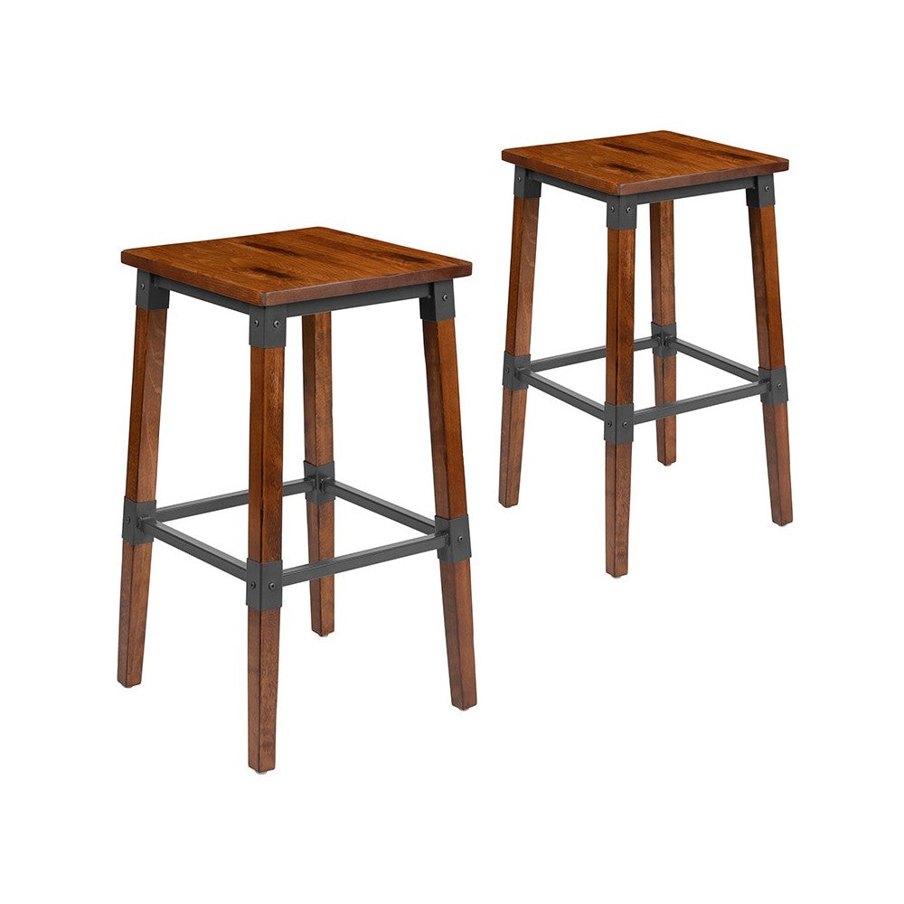 2 Pack Rustic Antique Walnut Industrial Wood Dining Backless Barstool