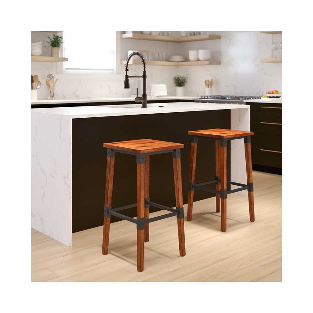 2 Pack Rustic Antique Walnut Industrial Wood Dining Backless Barstool