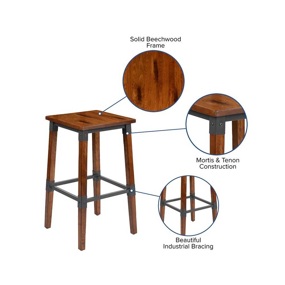 2 Pack Rustic Antique Walnut Industrial Wood Dining Backless Barstool