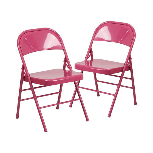 2 Pack Series Shockingly Fuchsia Triple Braced & Double Hinged Metal Folding Chair