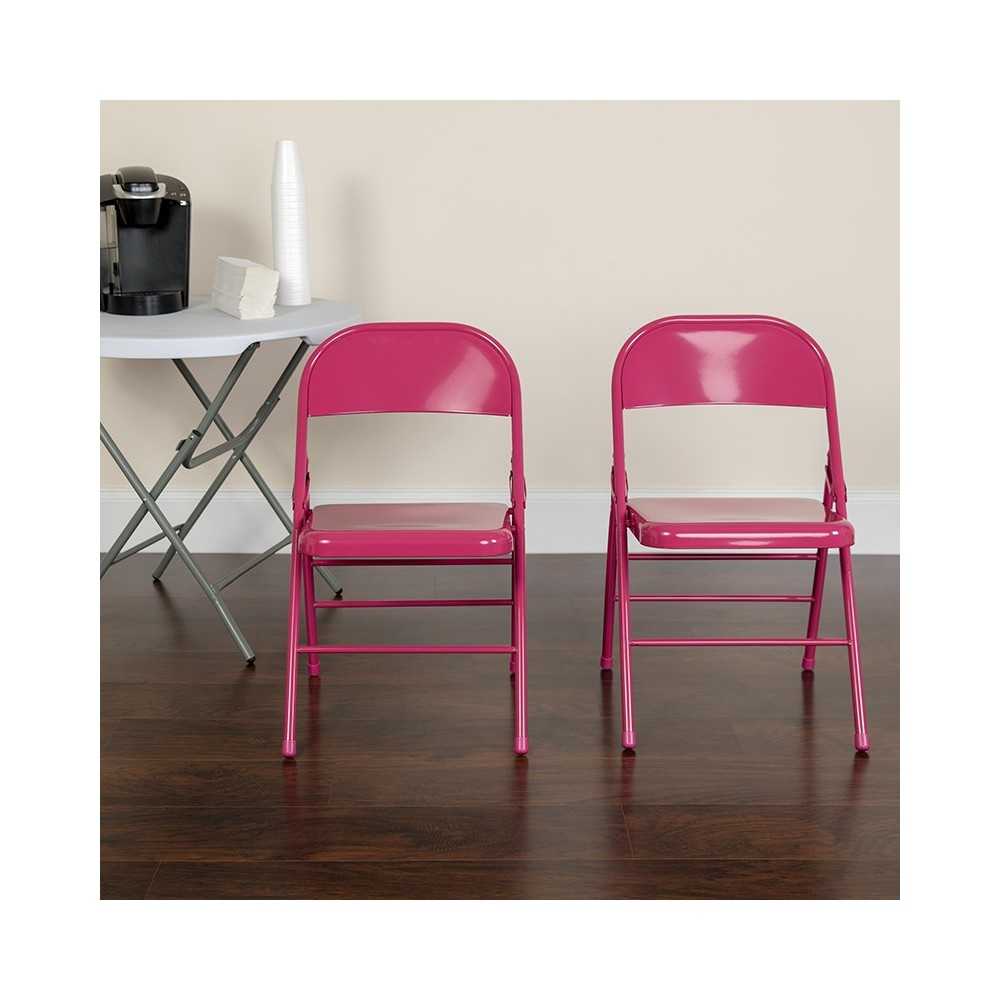 2 Pack Series Shockingly Fuchsia Triple Braced & Double Hinged Metal Folding Chair