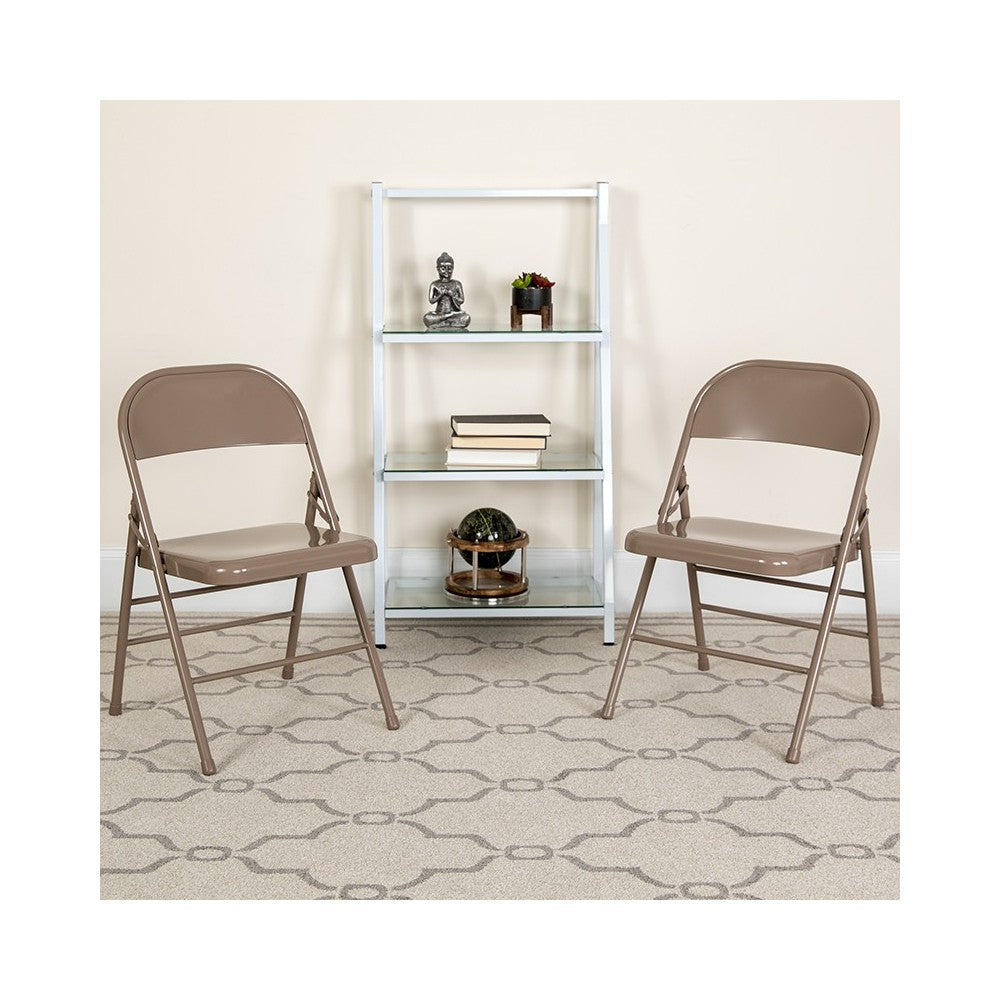 2 Pack Triple Braced & Double Hinged Beige Metal Folding Chair