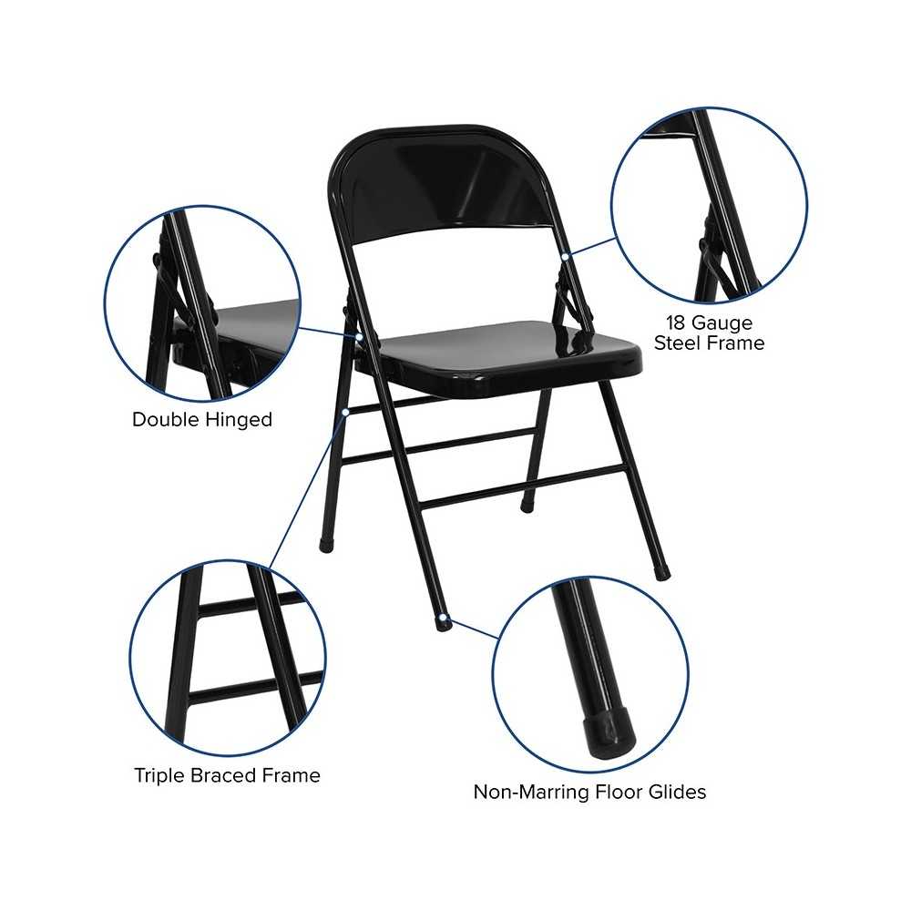 2 Pack Triple Braced & Double Hinged Black Metal Folding Chair