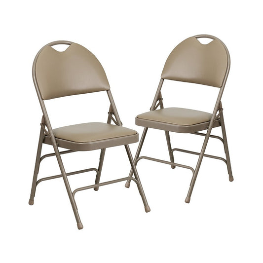 2 Pack Ultra-Premium Triple Braced Beige Vinyl Metal Folding Chair with Easy-Carry Handle