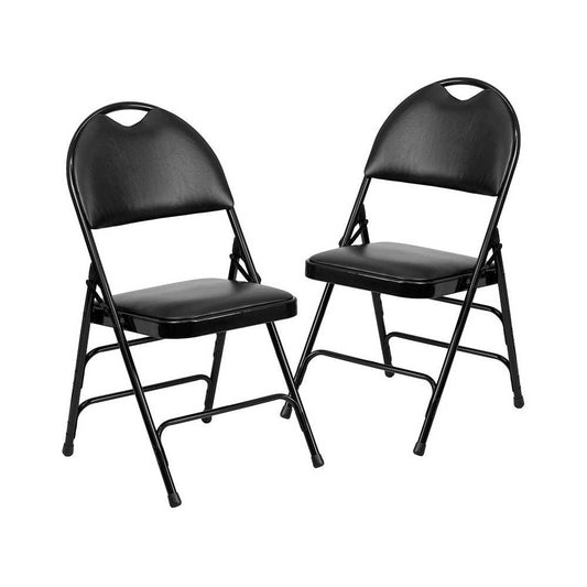 2 Pack Ultra-Premium Triple Braced Black Vinyl Metal Folding Chair with Easy-Carry Handle