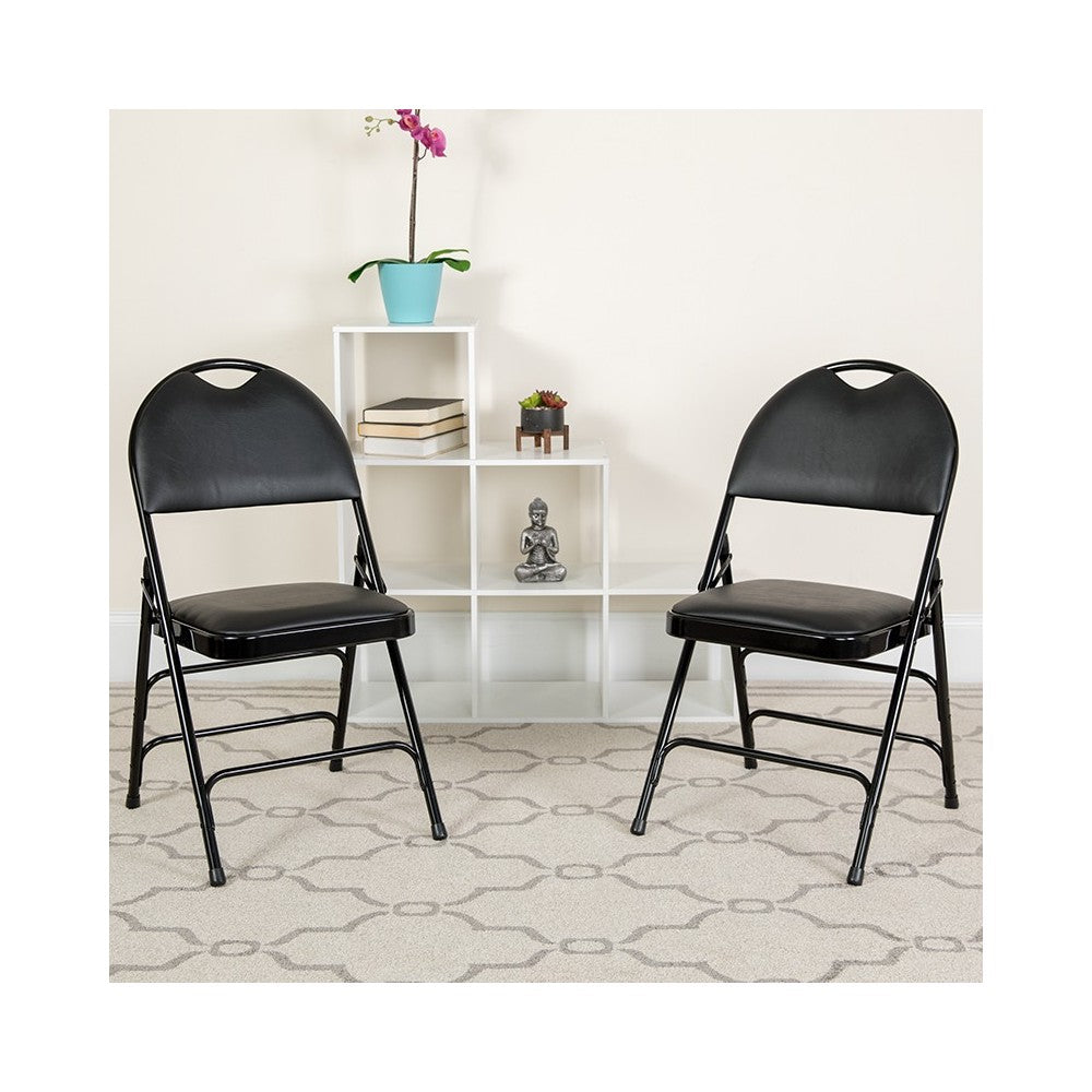2 Pack Ultra-Premium Triple Braced Black Vinyl Metal Folding Chair with Easy-Carry Handle