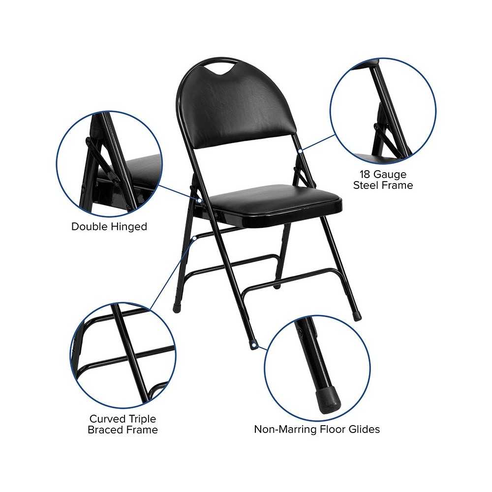 2 Pack Ultra-Premium Triple Braced Black Vinyl Metal Folding Chair with Easy-Carry Handle
