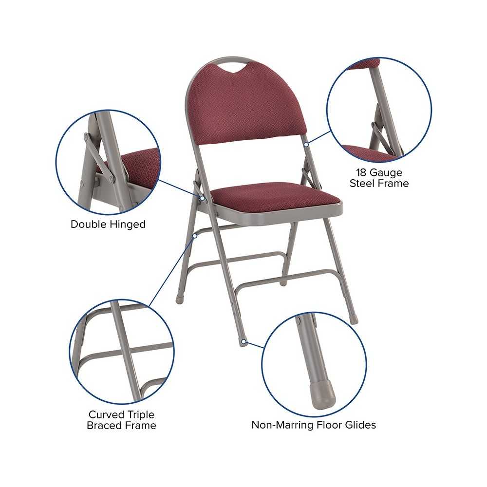 2 Pack Ultra-Premium Triple Braced Burgundy Fabric Metal Folding Chair with Easy-Carry Handle