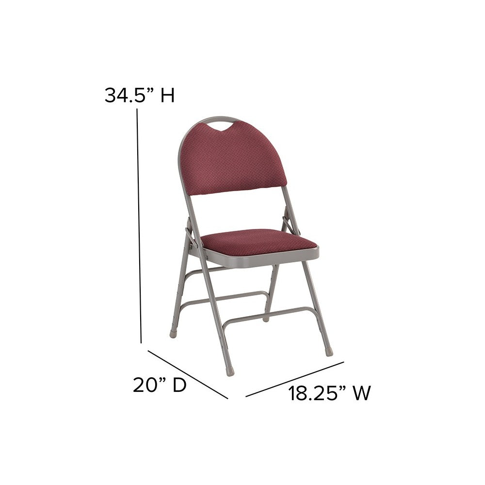 2 Pack Ultra-Premium Triple Braced Burgundy Fabric Metal Folding Chair with Easy-Carry Handle