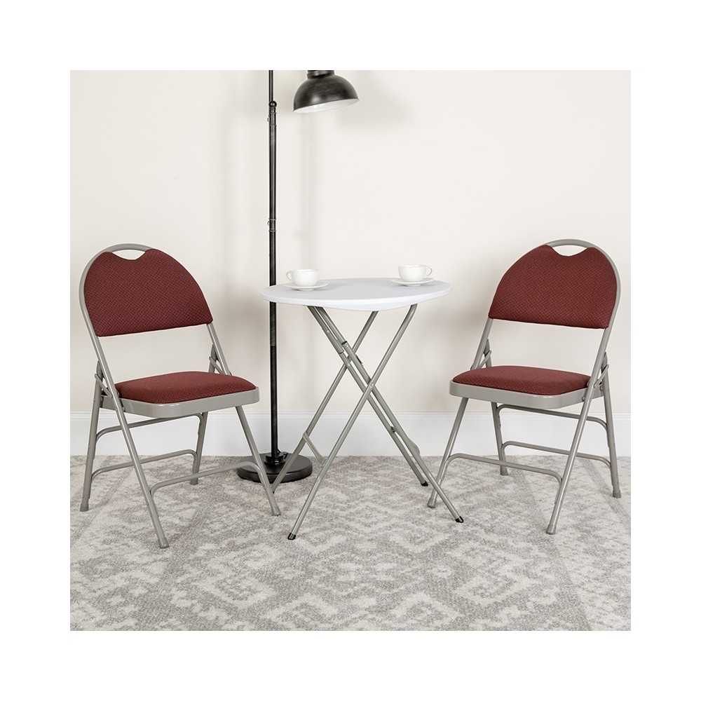 2 Pack Ultra-Premium Triple Braced Burgundy Fabric Metal Folding Chair with Easy-Carry Handle