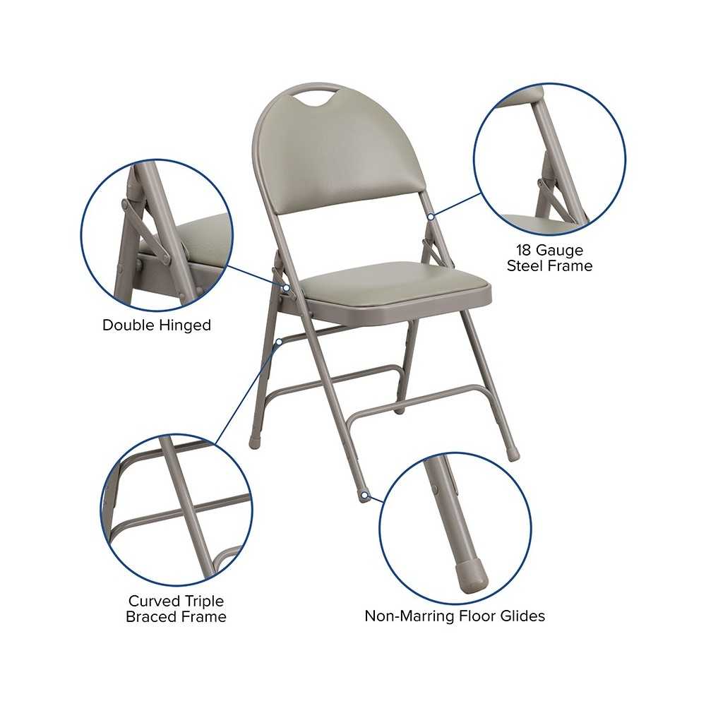 2 Pack Ultra-Premium Triple Braced Gray Vinyl Metal Folding Chair with Easy-Carry Handle