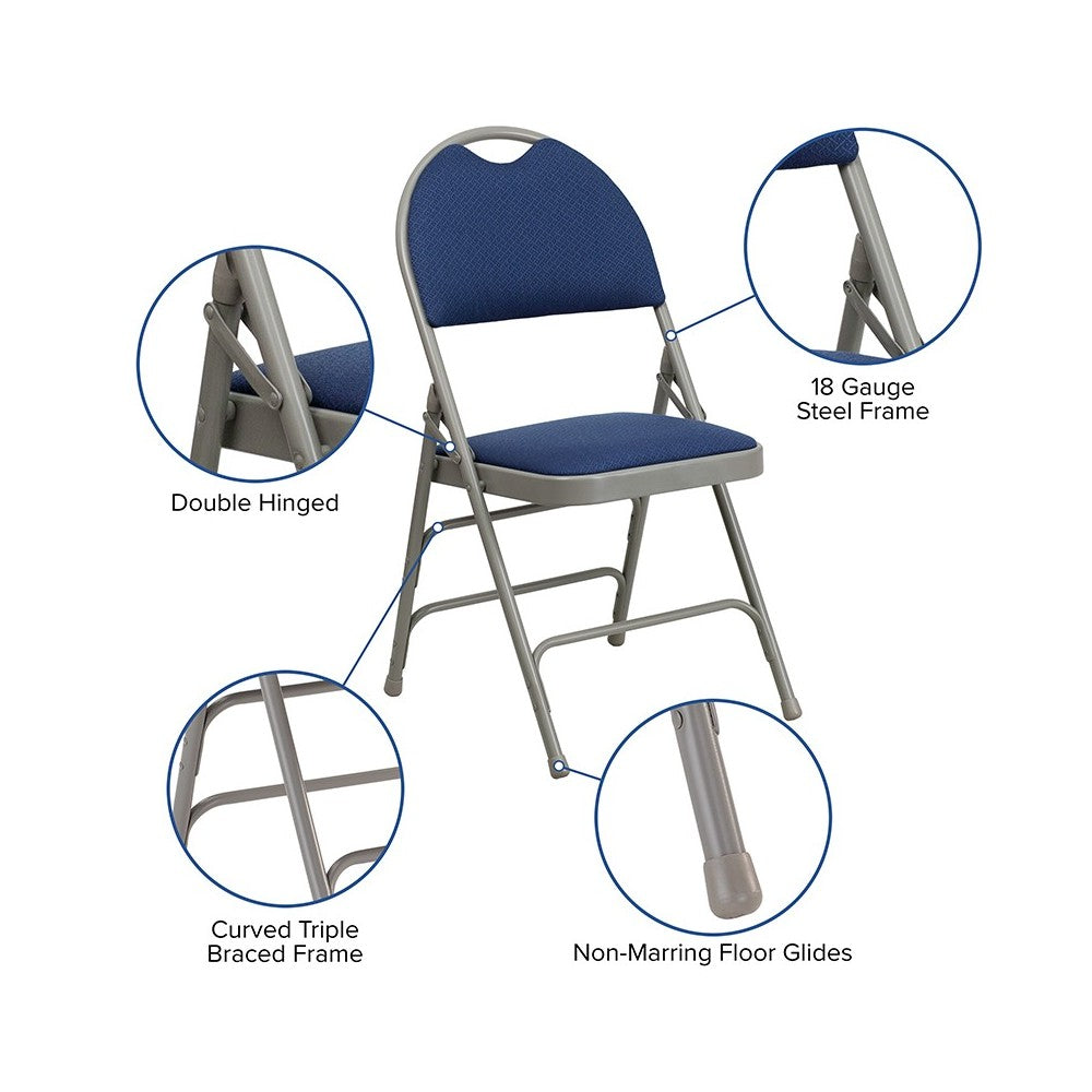 2 Pack Ultra-Premium Triple Braced Navy Fabric Metal Folding Chair with Easy-Carry Handle
