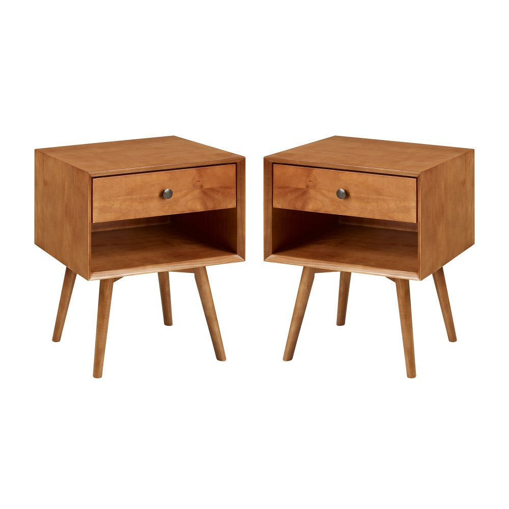 2 Piece 1-Drawer Mid-Century Solid Wood Nightstand - Caramel