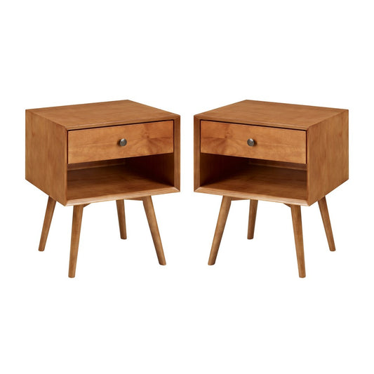 2 Piece 1-Drawer Mid-Century Solid Wood Nightstand - Caramel