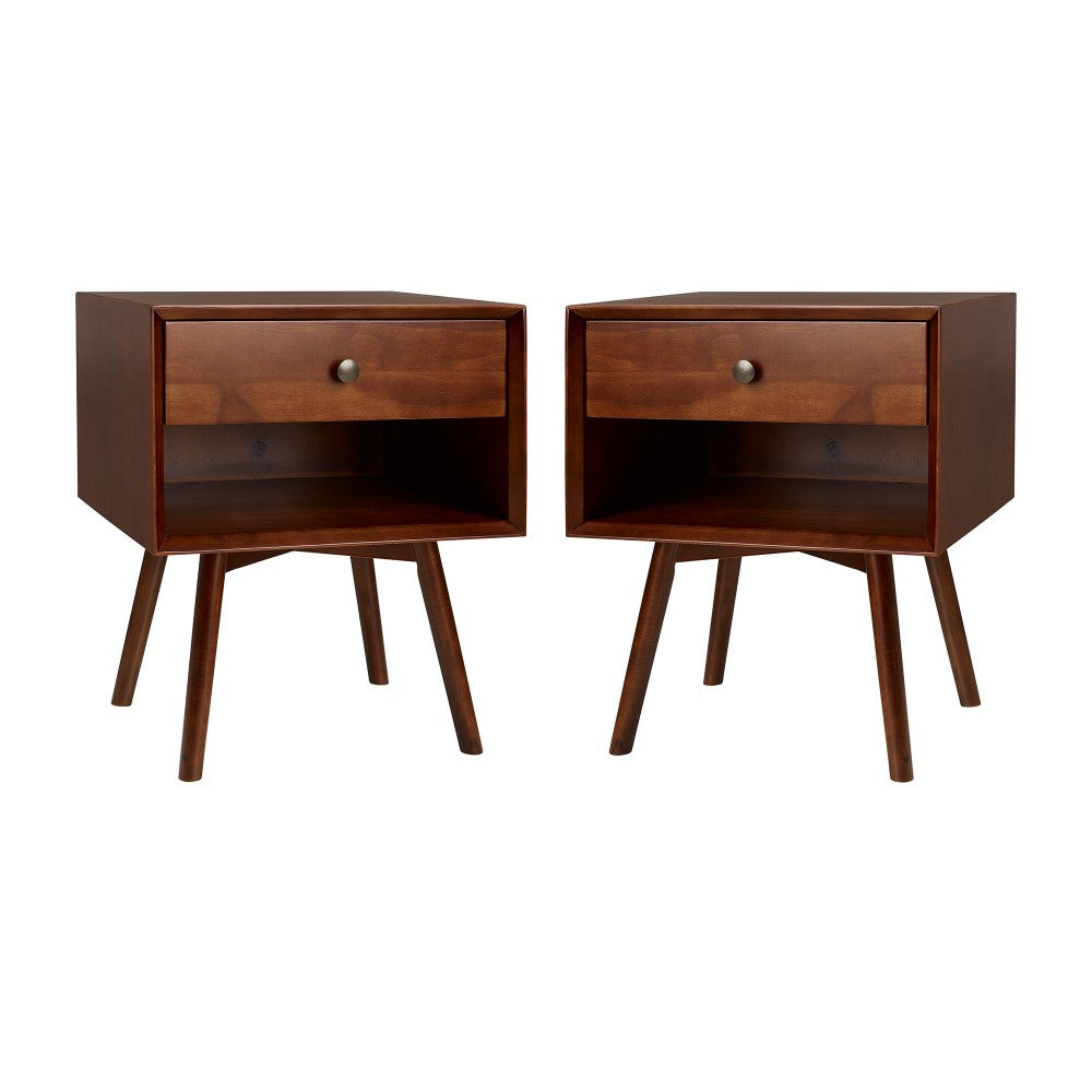 2 Piece 1-Drawer Mid-Century Solid Wood Nightstand - Walnut