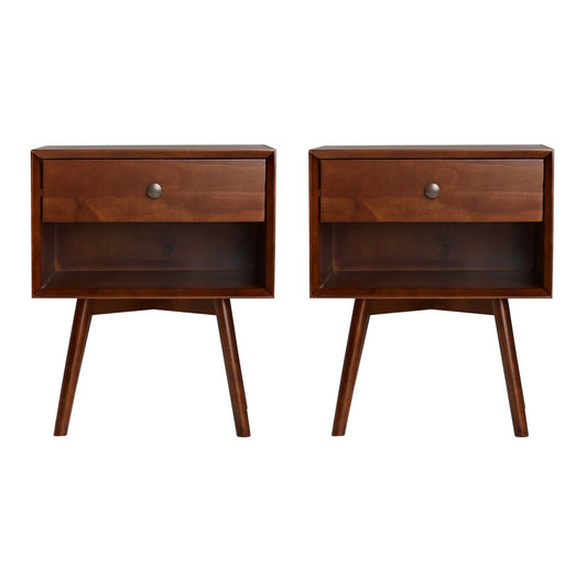 2 Piece 1-Drawer Mid-Century Solid Wood Nightstand - Walnut