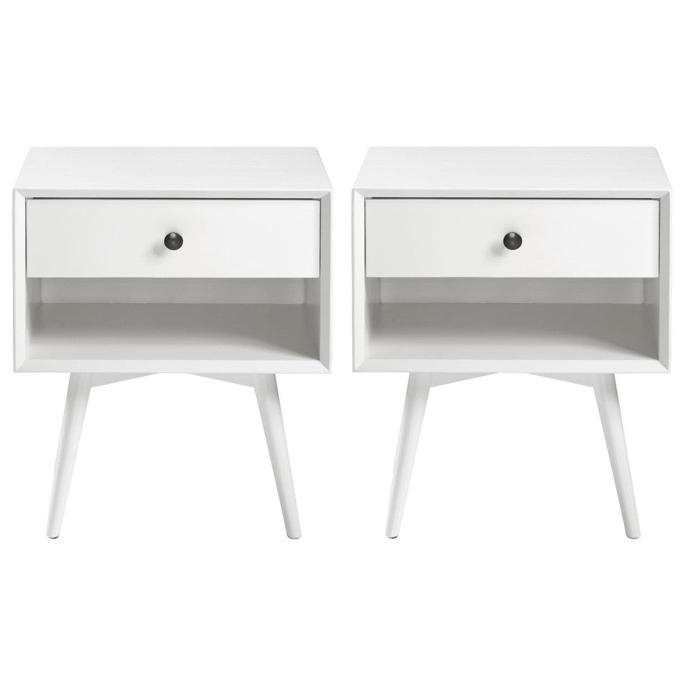 2 Piece 1-Drawer Mid-Century Solid Wood Nightstand - White