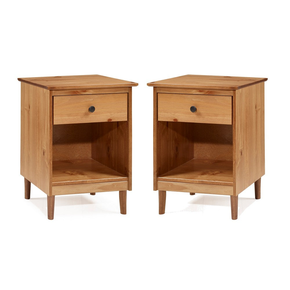 2 Piece, 1 Drawer Solid Wood Nightstands - Caramel