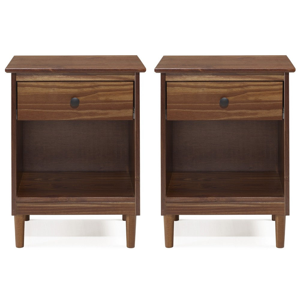 2 Piece, 1 Drawer Solid Wood Nightstands - Walnut