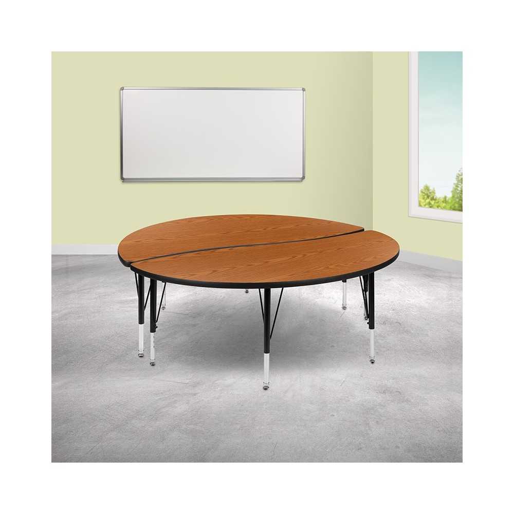 2 Piece 60" Circle Wave Collaborative Oak Thermal Laminate Activity Table Set - Height Adjustable Short Legs